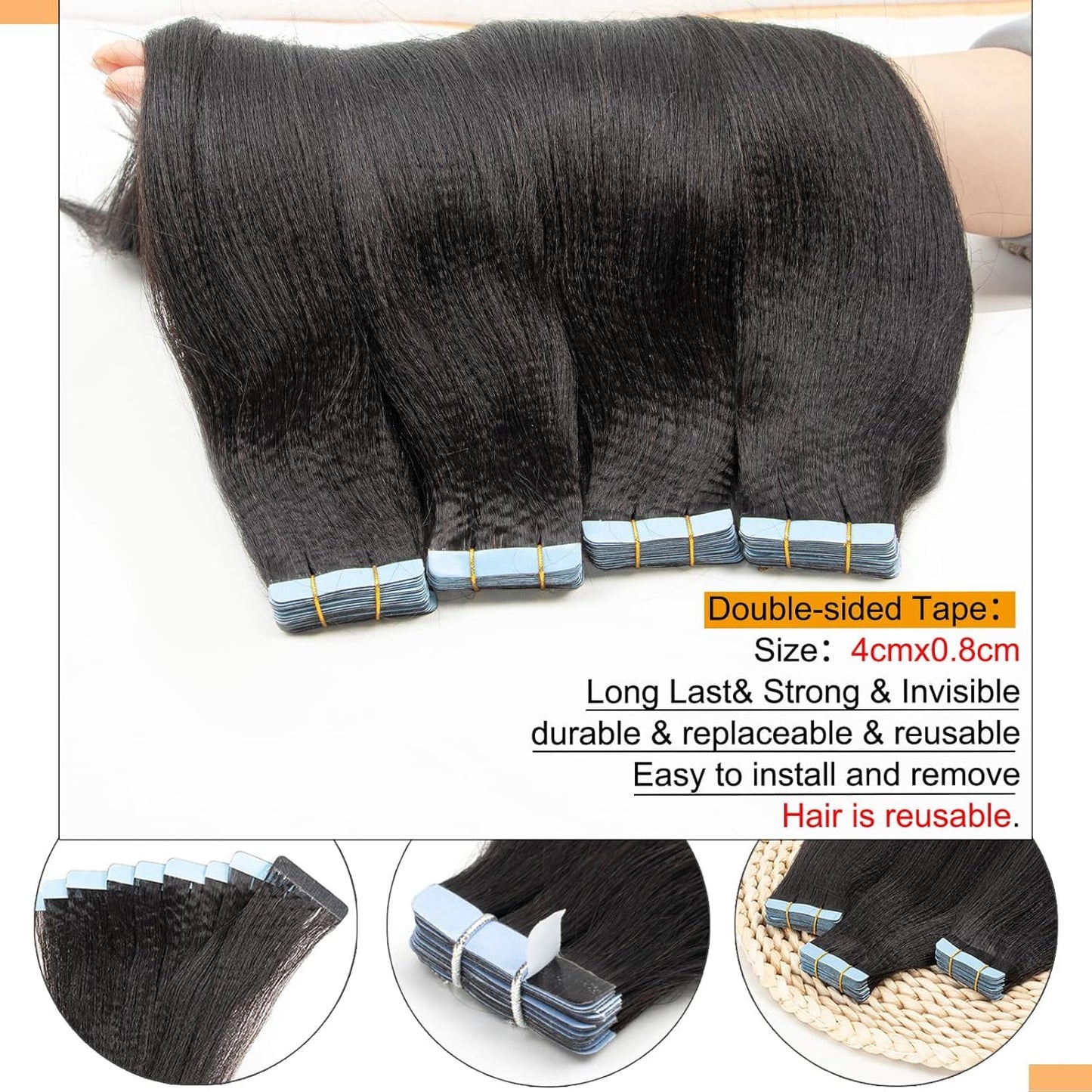 FEIPRO Light Yaki Straight Tape ins Tape in Hair Extensions Human Hair Invisible Real Remy Human Hair Seamless PU Skin Weft Soft Natural Black Hair Extension for Women Girls 12 Inch 40g 20pcs/Pack