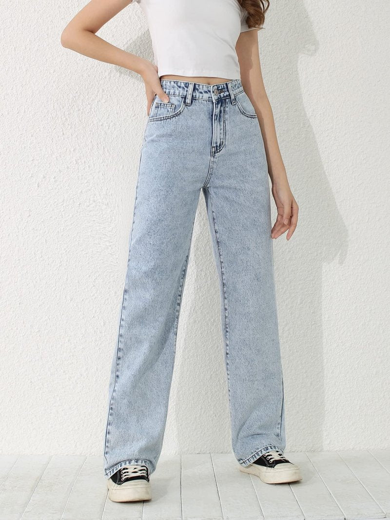 SweatyRocks Girl's High Waisted Solid Straight Leg Jeans Casual Loose Denim Pants Light Wash 10-11Y