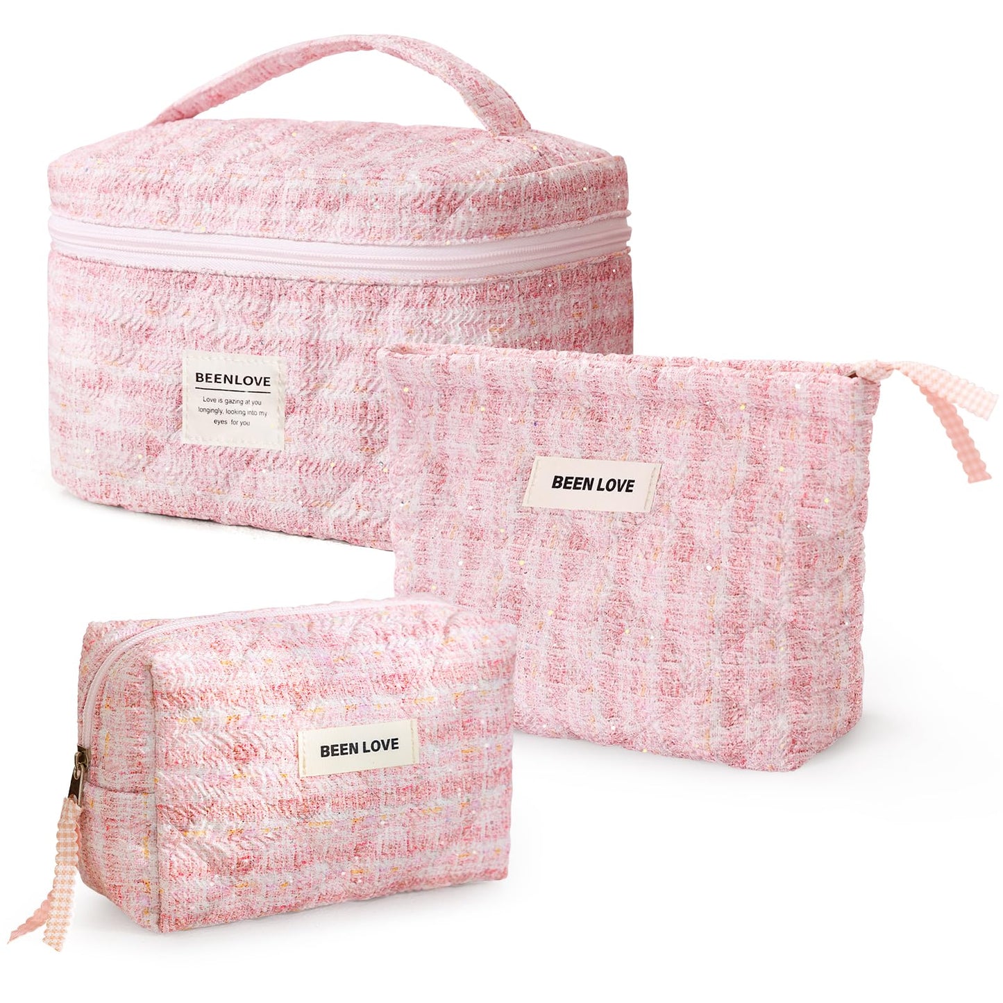Large Makeup Bag Floral Cosmetic Bag Quilted Flower Travel Makeup Toiletry Bags Set Organizer Cotton Cute Make Up Accessories Zipper Bags Pouch Travel Essentials Gifts for Women Teen Girls Pink