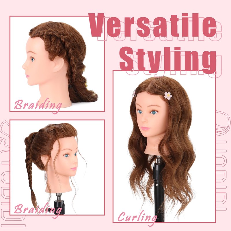 Mannequin Head Human Hair with Tripod Stand 22"-24" Female 100% Human Hair Mannequin Head Hair Styling Cosmetology Manikin Head Doll Head for Hairdresser with Clamp Holder and Tools (#4 Set)
