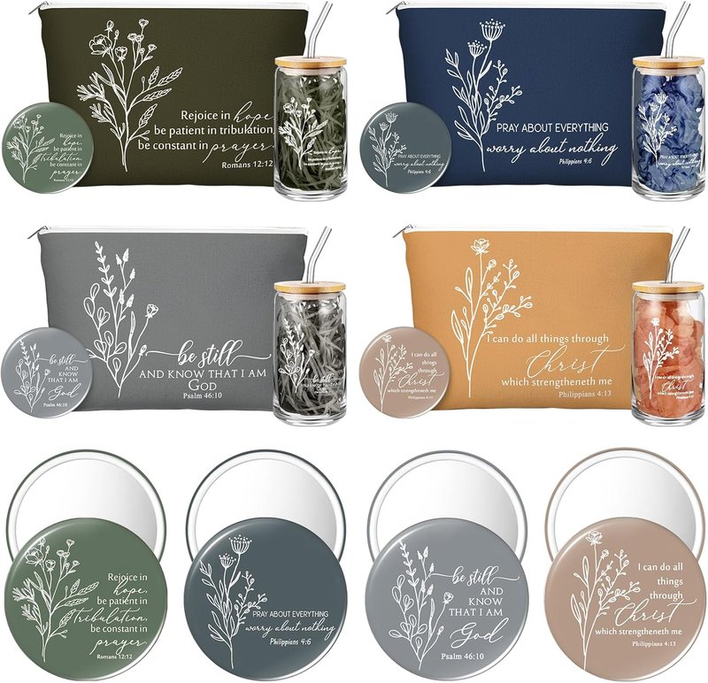 Christian Gift Set for Women - 4-Piece Religious Makeup Bag, Bible Verse Glass Cup & Compact Mirror | Neutral Colors