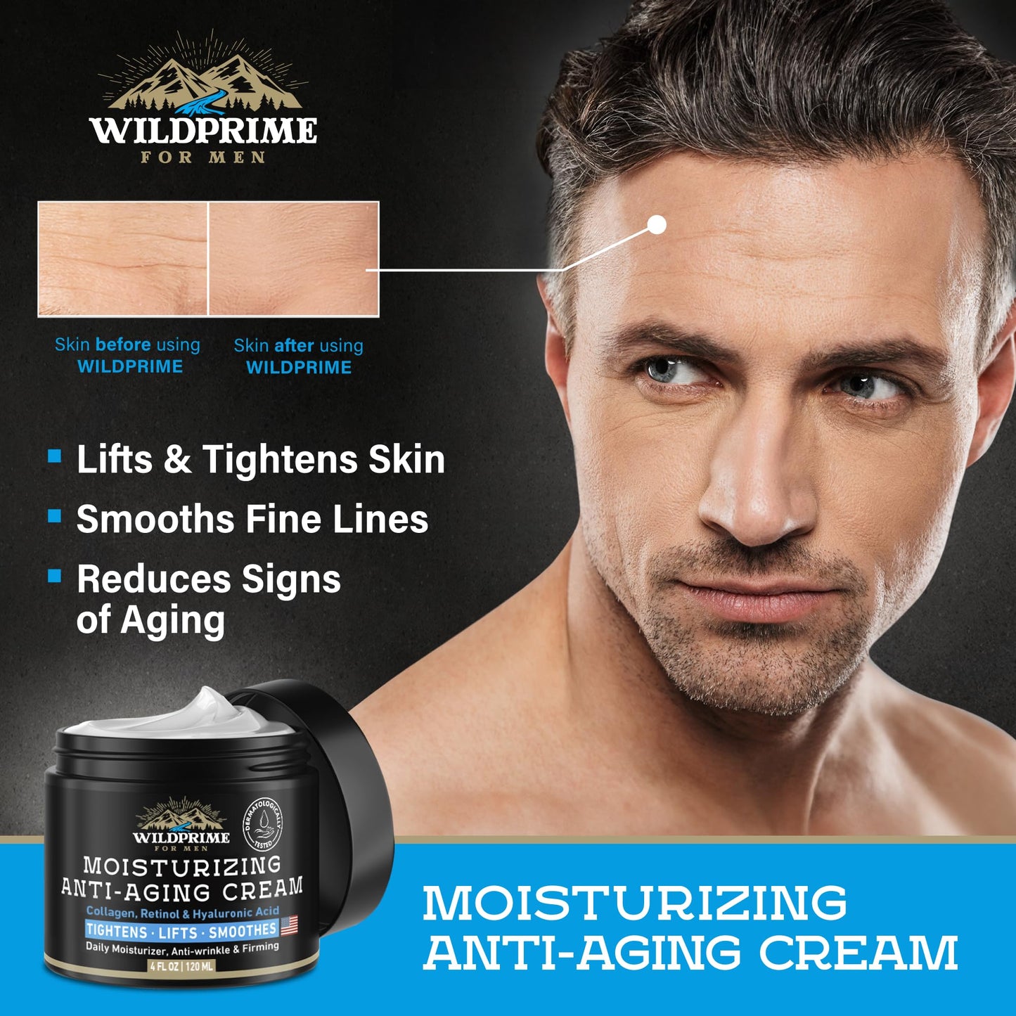 Men's Face Moisturizer Cream - Anti Aging & Wrinkle - Men's Shave Lotion - Made in USA - Collagen, Hyaluronic Acid, Vitamins E & A, Avocado Oil - Age Facial Skin Care, Day & Night Moisturizing, 4 oz