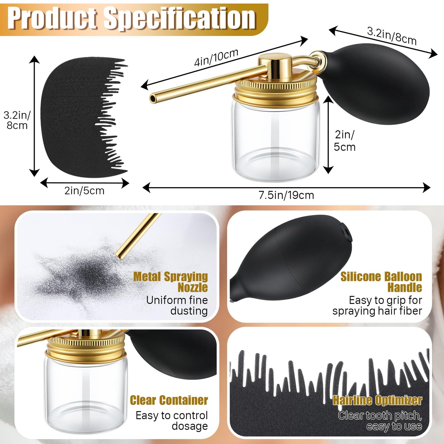 Hohean Hair Building Fiber Spray with Hairline Optimizer, Hair Fibers Spray for Hair-building, Portable Fiber Powder with Nozzle, Hairline Building Powder Accessory(Gold)