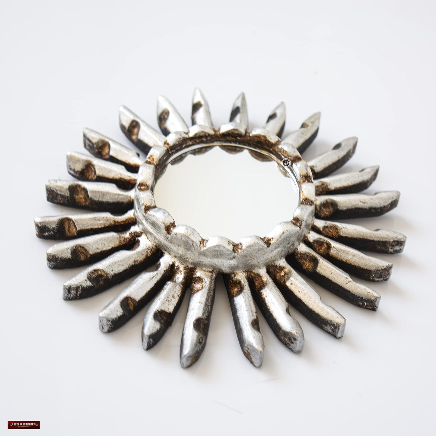 DecorContreras Small Sunburst Mirror with Silver Leaf Finish - Peruvian Carved Wood Round Mirror for Wall Art - Unique Gift for Her or Home (Silver)