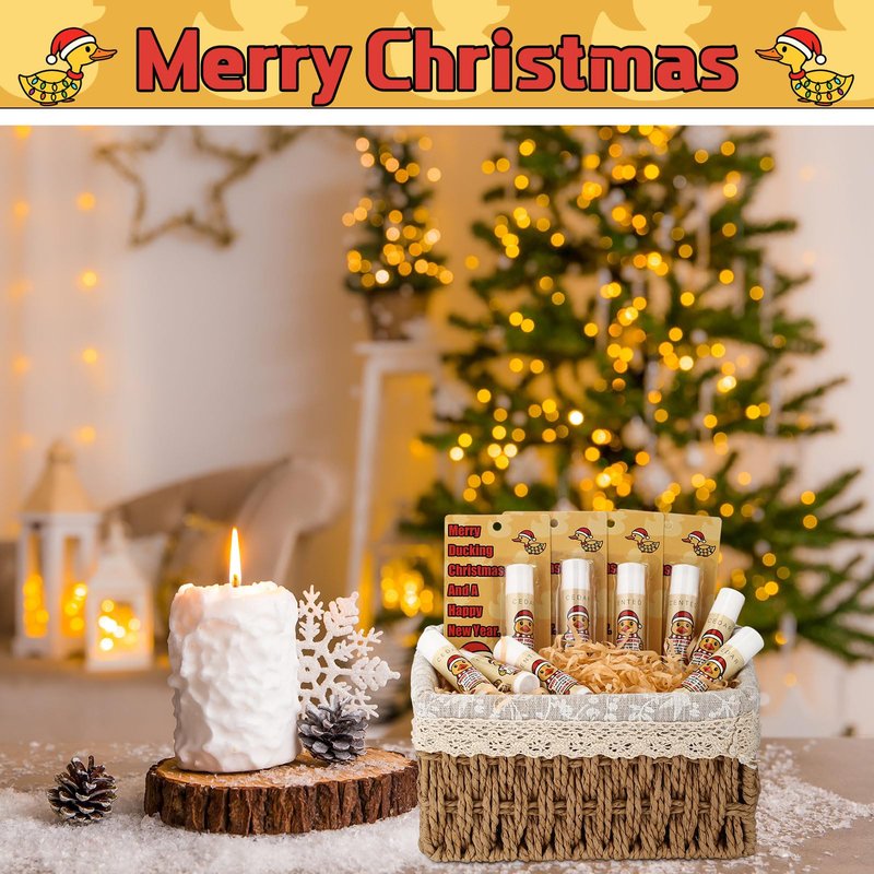 Fumete 24 Pcs Christmas Lip Balms Bulk Funny Duck Gift for Coworker Little Yellow Duck Xmas Lip Balms with Positive Gift Card for Employee Staff Christmas Holidays Party Favors