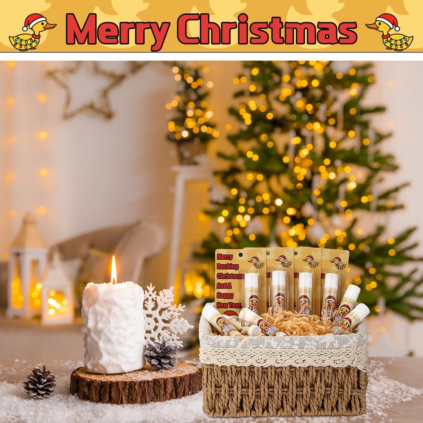 Fumete 24 Pcs Christmas Lip Balms Bulk Funny Duck Gift for Coworker Little Yellow Duck Xmas Lip Balms with Positive Gift Card for Employee Staff Christmas Holidays Party Favors