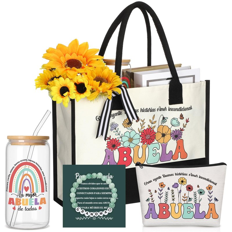 LemonRoad 5 Pcs Spanish Grandma Gifts Set Abuela Birthday Gifts Regalos Para Abuela Including Tote Bag 16 oz Glass Cup Makeup Bag Natural Stone Bracelets for Nana Gigi Grandmother Birthday Supplies