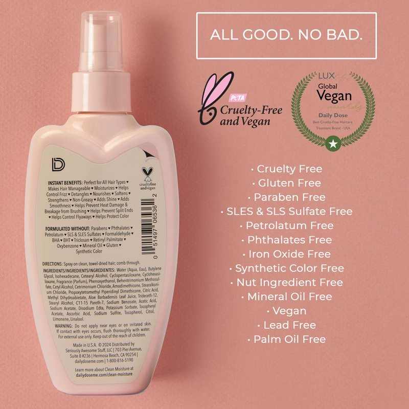 DAILY DOSE Award-Winning Clean Moisture Leave In Conditioner Spray Detangler for Dry, Damaged & Frizzy Hair. Instantly Softens, Smooths & Adds Shine for Kids & Adults. Vegan, Sulfate-Free, Color Safe
