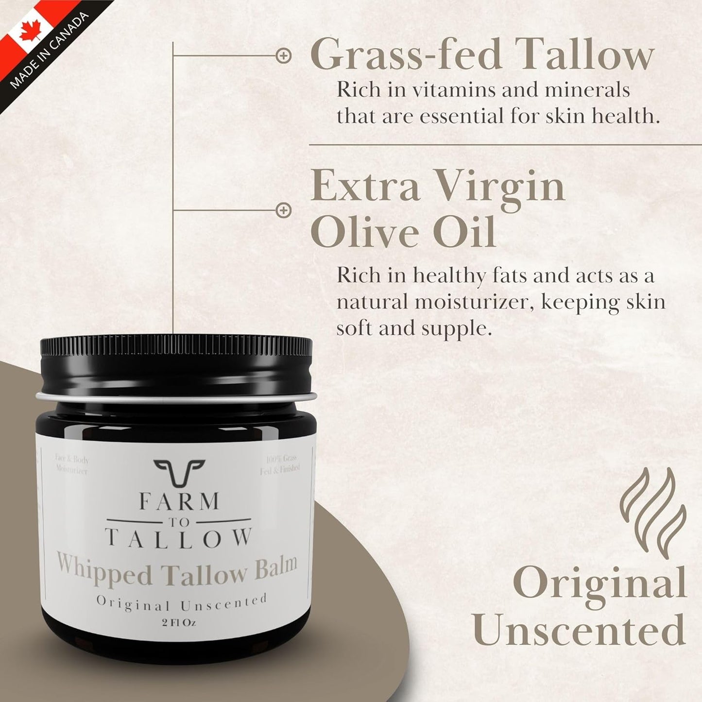 Whipped Beef Tallow Cream for Face & Body - Unscented, Natural Grass-Fed | 2oz Moisturizer with Olive Oil