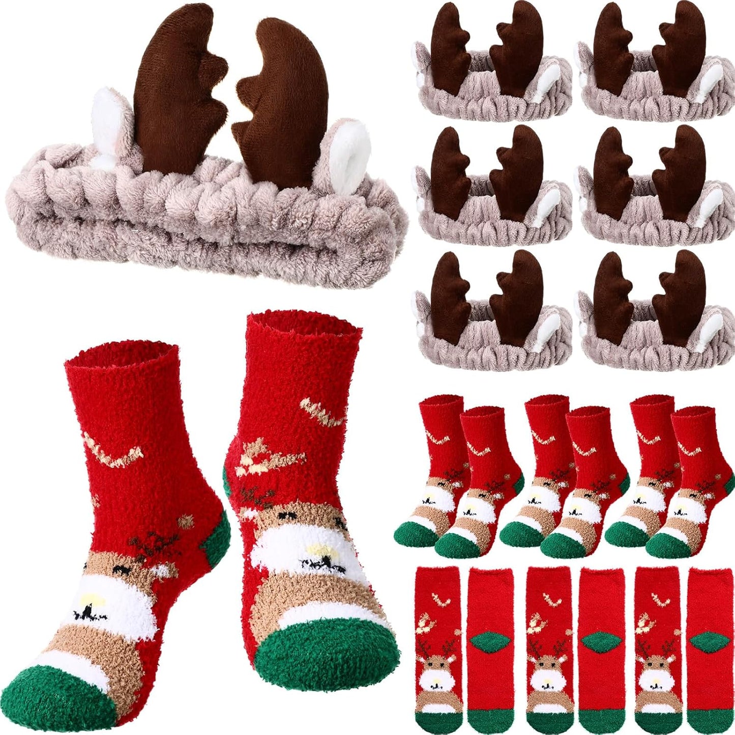 Christmas Antlers Headband Set - 12 Pieces with Fuzzy Socks for Holiday Parties | Deer Ear Design