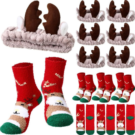 Christmas Antlers Headband Set - 12 Pieces with Fuzzy Socks for Holiday Parties | Deer Ear Design