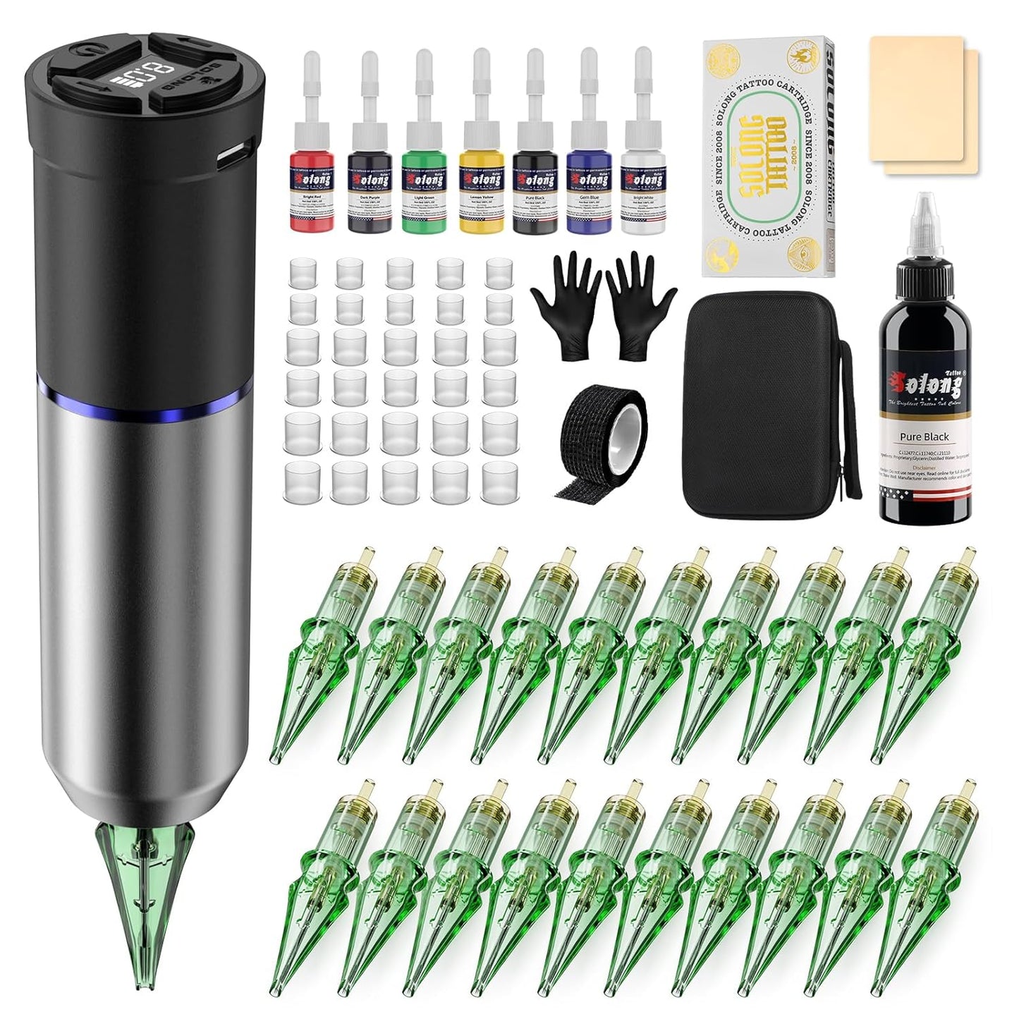 Wireless Tattoo Gun Kit - 1600mAh Power, LED Display, 20 Assorted Needles & Travel Bag | Complete Tattoo Supplies