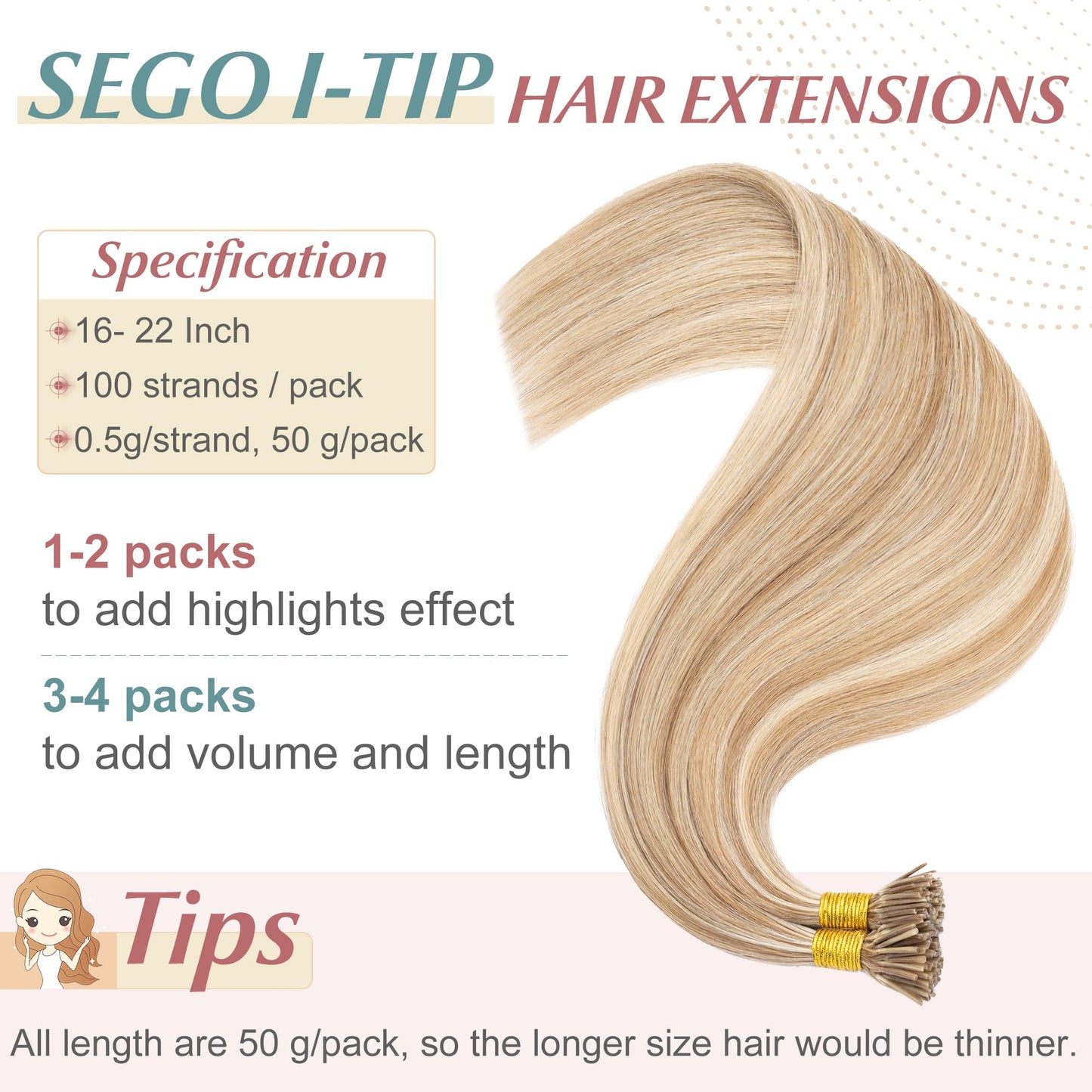 SEGO I Tip Hair Extensions Human Hair Keratin Pre Bonded MicroBeads Tip Balayage Natural Silky Straight Extensions 100 Strands 50g/Pack -16 Inch Golden Brown&Bleach Blonde