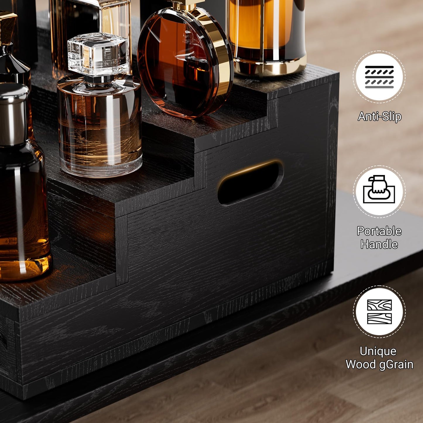 Wood Cologne Organizer for Men,12 Inch Black Cologne Stand with Drawer and Hidden Compartment Perfume Organizer for Dresser,Wooden Display Risers Stand for Perfume Makeup,Figures,A Gift for Men