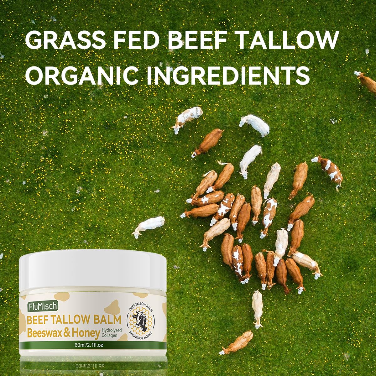 FluMisch Beef Tallow Moisturizer for Skin, Grass Fed Beef Tallow for Face and Bady with Organic Raw Honey and Beeswax, Tallow and Honey Balm for Deep Nourishment Dry Skin (60ml/2.1fl.oz)