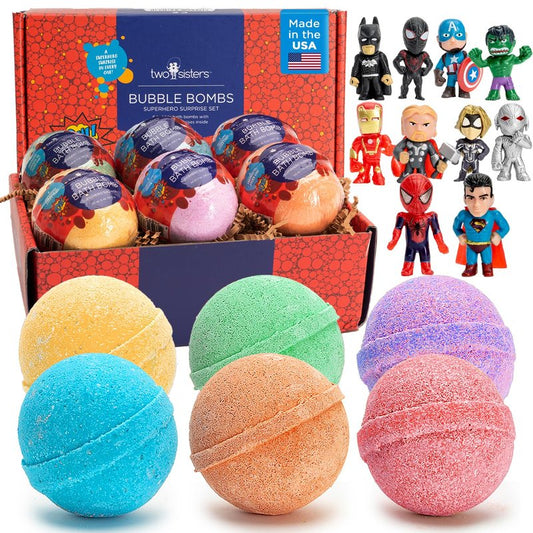 Superhero Bath Bombs for Kids with Surprise Toys Inside (6 Pack) - Large Bubble Bomb Fizzies for Boys, Girls, & Toddlers - Birthday Gift for Kids - Fruity Scent, USA Made by Two Sisters