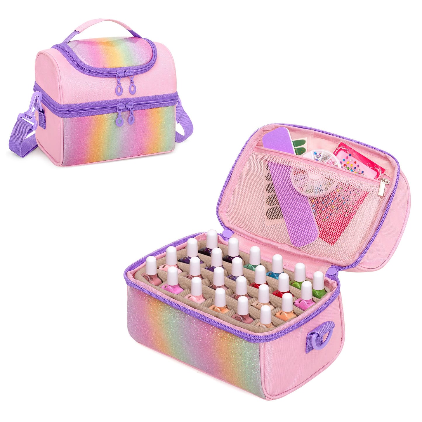 Kids Small Nail Polish Storage Holds 24 Bottles (0.15 fl oz - 0.17 fl oz), Double Layer Carrying Case for Nail Supplies, Rainbow Sequins Design, for Kids Girls Dress Up Play Travel, Pink, Case Only