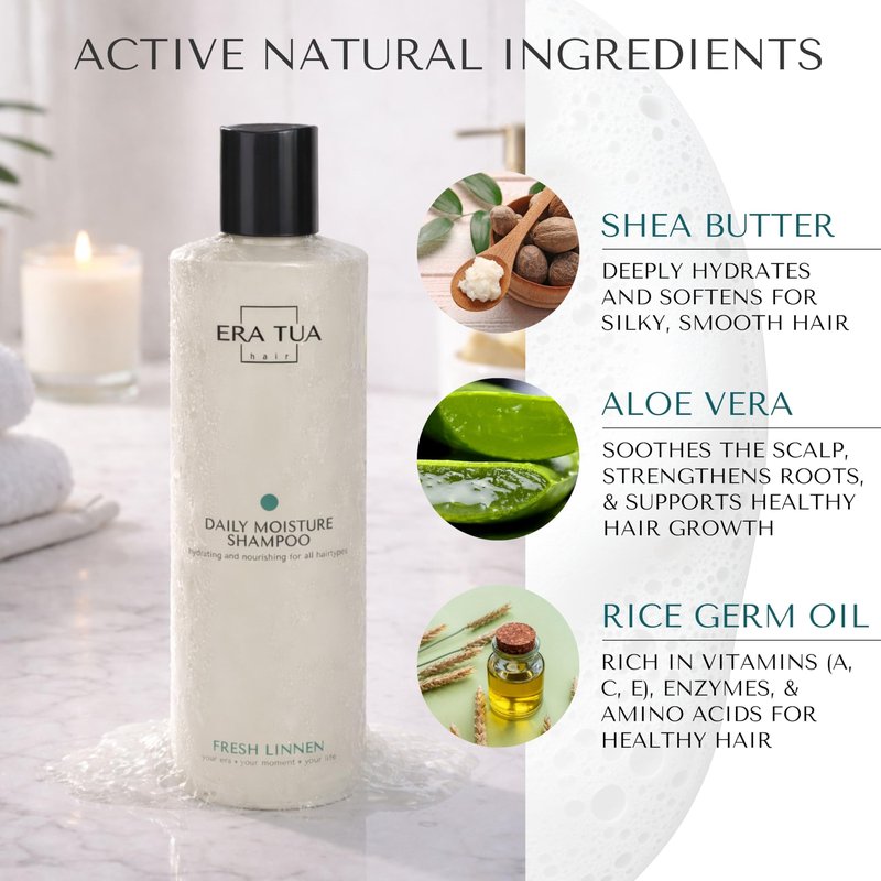 ERA TUA Fresh Linen Daily Moisture Shampoo| Dutch Made & Formulated Moisture Repairing Shampoo for Dry and Damaged Hair | Scent of Bergamot, Jasmine & Rose | 250 ml