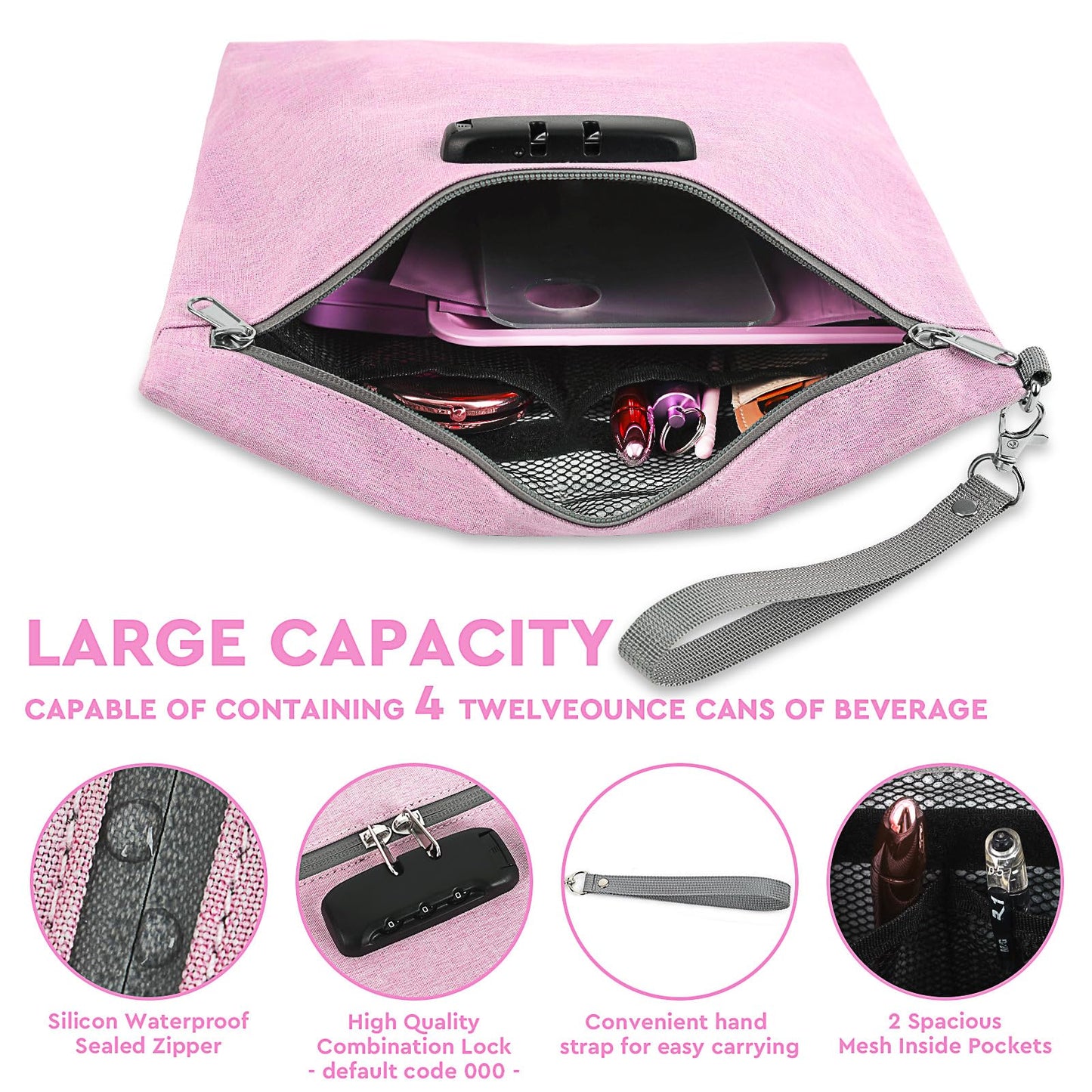Pink Medium Travel Smell Proof Bag with 10 PCS Accessories, Portable Cosmetic Pouch with Combination Lock. Gift for Women.