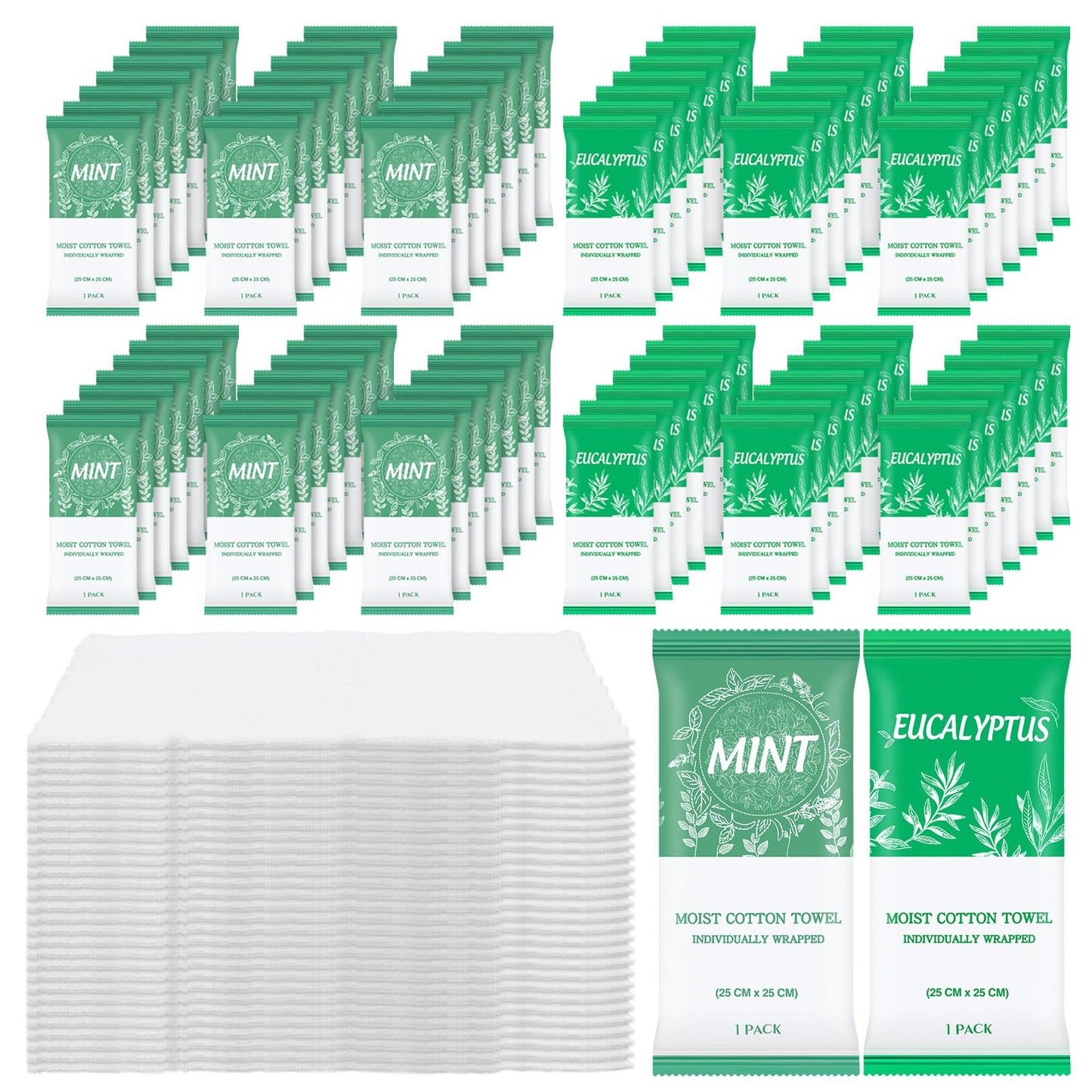 Moist Towelettes, Disposable Pre Moistened Towels Individually Wrapped, Soft Portable Face & Body Wet Towels for Travel Hotel Sport Camping Spa 9.8 inch (Pack of 100, Mint & Eucalyptus Leaf)