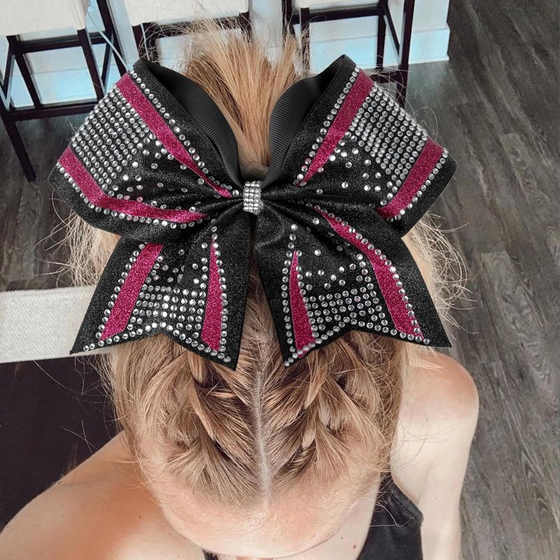 Large Glitter Cheer Bows - 6PCS Black & Pink Rhinestone Hair Bows for Cheerleaders | Stiff Design, 8-Inch