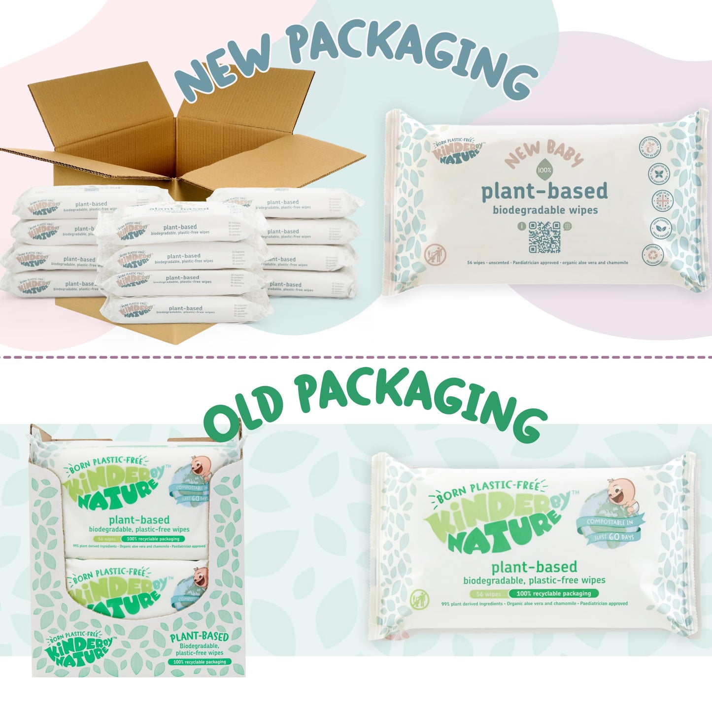 Kinder by Nature Plant Based Baby Wipes - 100% Biodegradable & Compostable, 672 Count (12 Packs of 56) - 99% Plant-Based Ingredients, Plastic-Free Wipes