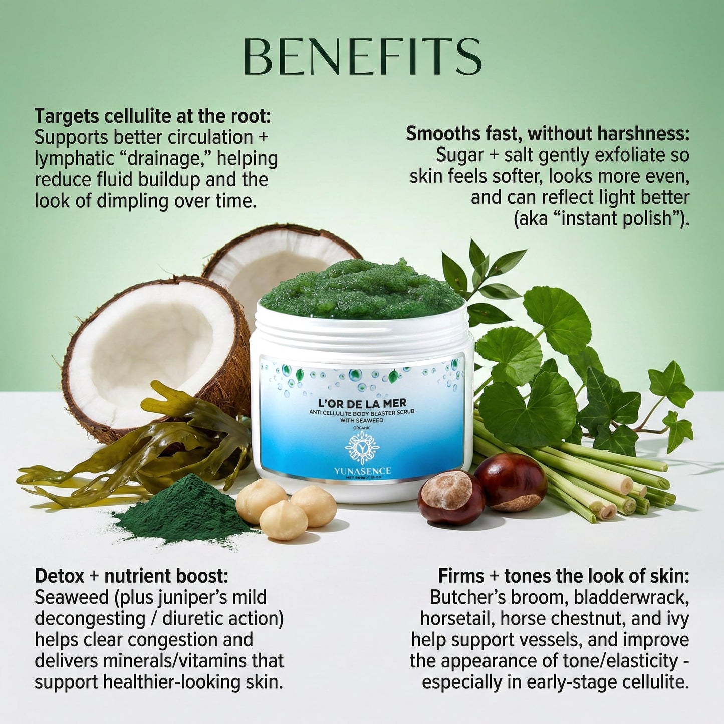 YUNASENCE L'OR DE LA MER Organic Anti Cellulite Body Blaster Scrub with Sea Salt, Seaweed, Lemongrass 13oz Smoothing Exfoliating Moisturizing Skin Massage Treatment.