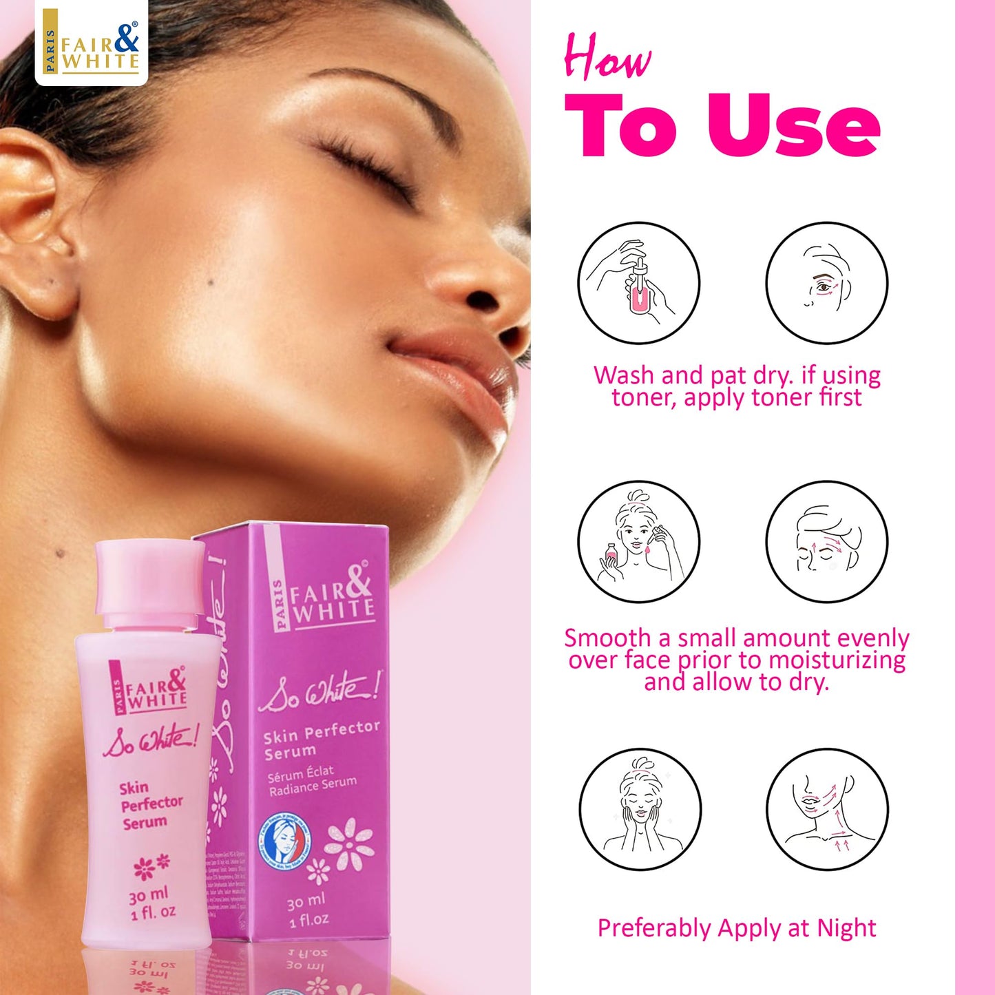 FAIR & WHITE So White Skin Brightening Serum 30ml - For Face, Elbows Knees, Feet - with Kojic Acid and Castor Oil