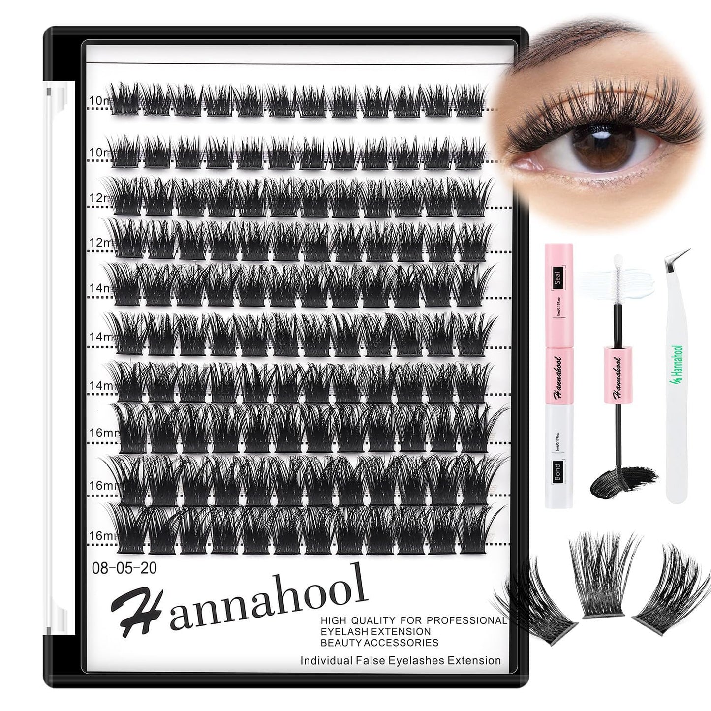 Hannahool10Rows Mixed 10-12-14-16mm /8-10-12-14mm Individual False Eyelashes D Curl Wide Stem Makeup Cluster Eyelashes Natural Volume Eye Lashes Extensions (HD-lashes kit-10-12-14-16MM Mixed)