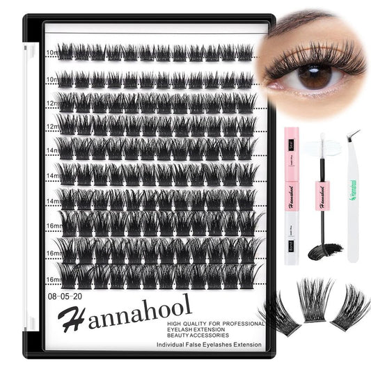 Hannahool10Rows Mixed 10-12-14-16mm /8-10-12-14mm Individual False Eyelashes D Curl Wide Stem Makeup Cluster Eyelashes Natural Volume Eye Lashes Extensions (HD-lashes kit-10-12-14-16MM Mixed)