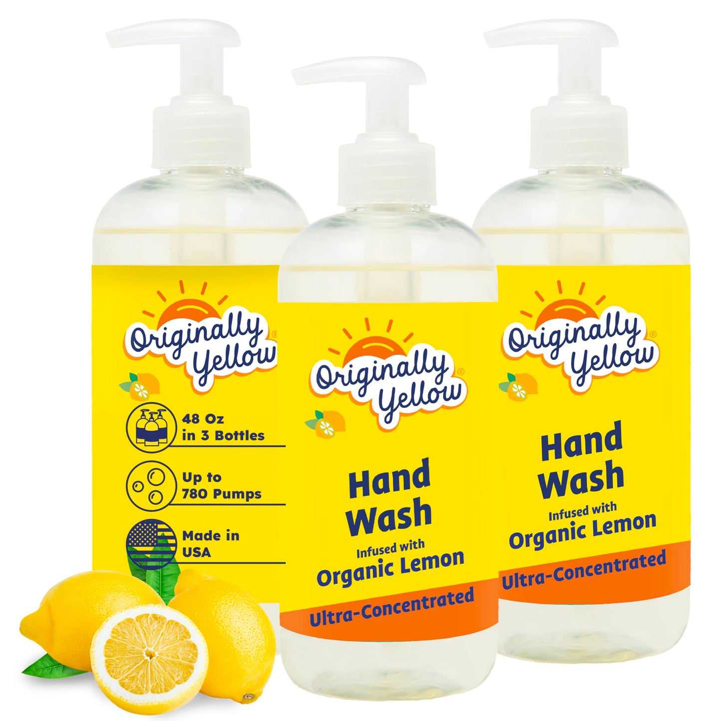Originally Yellow Hand Soap Infused with Organic Lemon | Gentle Hand Soap |, 16 Fl Oz (3-Pack)