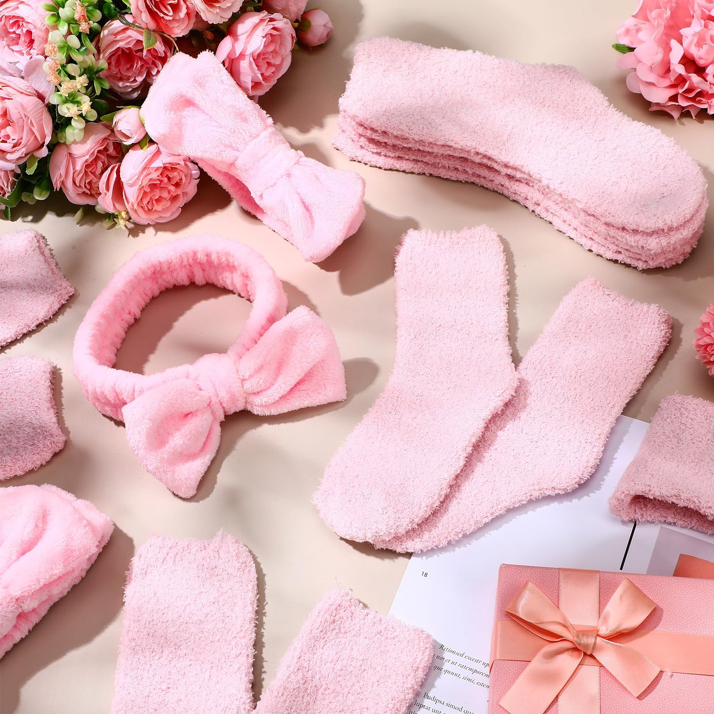 Shyyween 24 Pcs Pink Spa Party Favors Sleepover Party Supplies for Girls Include 12 Spa Headband, 12 Fuzzy Socks for Slumber, Bachelorette, Pajama Gift