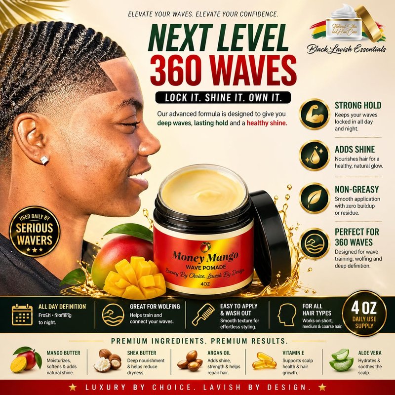 360 Wave Pomade for Men - Ultra-Smooth, Strong Hold & Shine | Shea & Mango Butter, 4oz
