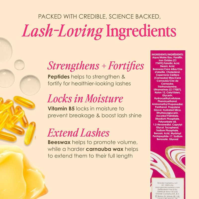 Grande Cosmetics GrandeMASCARA Conditioning Peptide Mascara - Extreme Volume & Length, Clump-Free Black | Lash & Extension Friendly