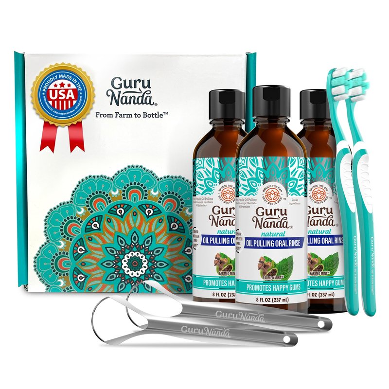 GuruNanda CocoMint Oil Pulling Mouthwash for Complete Oral Hygiene, 7 Essential Oils & Vitamins for Happy Teeth & Gums & Fresh Breath, with 2 Toothbrushes & 2 Tongue Scrapers, Alcohol-Free, 3X8 oz