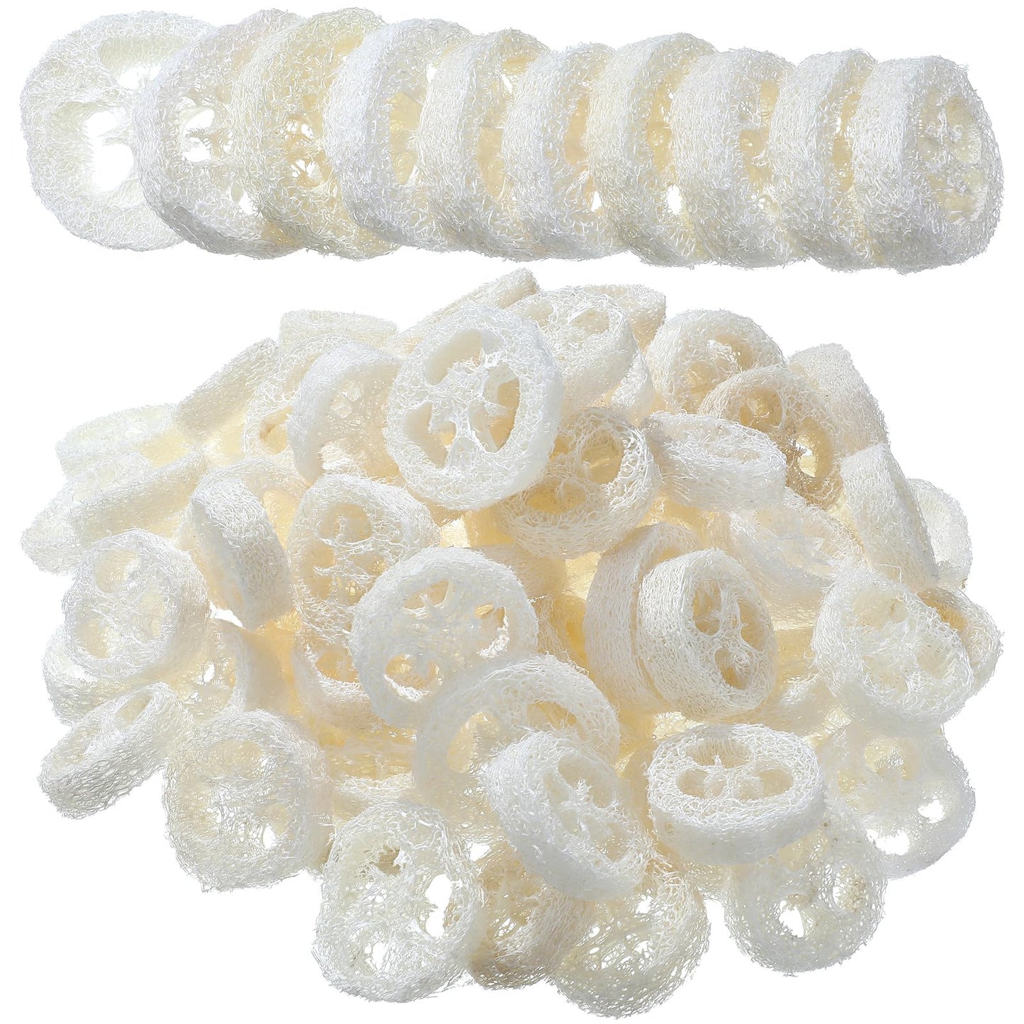 Bokon 120 Pcs Natural Loofah Slices for Soap Making Bulk Reusable Natural Loofah Sponge Organic Exfoliating Bath Shower Luffa Small Scrubber, Bright White