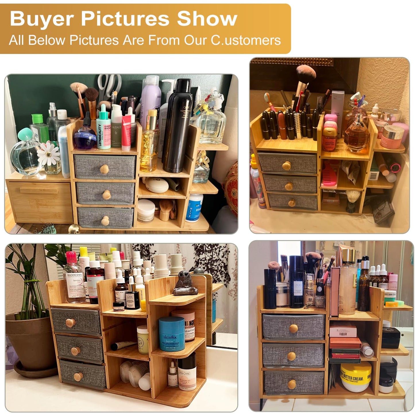 Large Makeup Organizer Countertop For Vanity Dresser, Bamboo Bathroom Counter Organizers And Storage,Cosmetic Skincare Perfume Organizer With 3 Makeup Brush Holder/2 Drawers/5 Shelves /8 Compartments