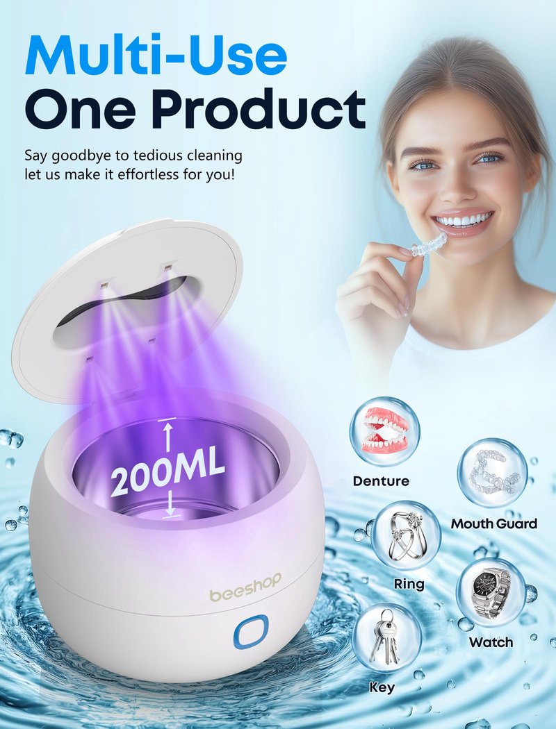 BEESHOP Professional Ultrasonic Cleaner – 45kHz Jewelry Cleaning Pod, Ultrasonic Cleaner for All Jewelry, Eyeglasses, Watches, Dentures, Retainers & More (White)