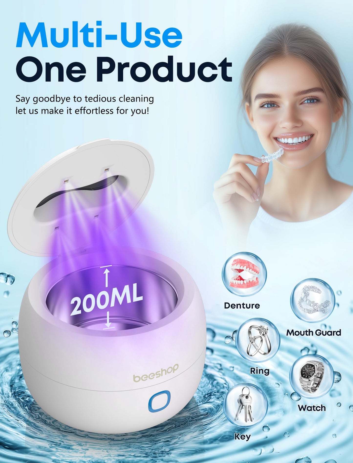 BEESHOP Professional Ultrasonic Cleaner – 45kHz Jewelry Cleaning Pod, Ultrasonic Cleaner for All Jewelry, Eyeglasses, Watches, Dentures, Retainers & More (White)