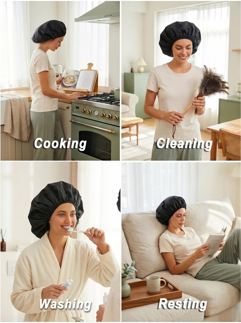 Auban Extra Large Shower Cap, Double-Layer Waterproof Reusable, XL Satin Lining Shower Bonnet for Women Thick, Long Hair, Locs, Braids(Black)