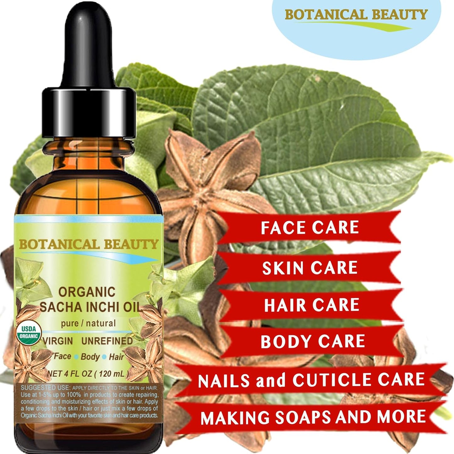 Organic Sacha Inchi Oil - 100% Pure Virgin Cold Pressed Carrier Oil for Face, Skin & Hair | 4 Fl Oz (120 ml)
