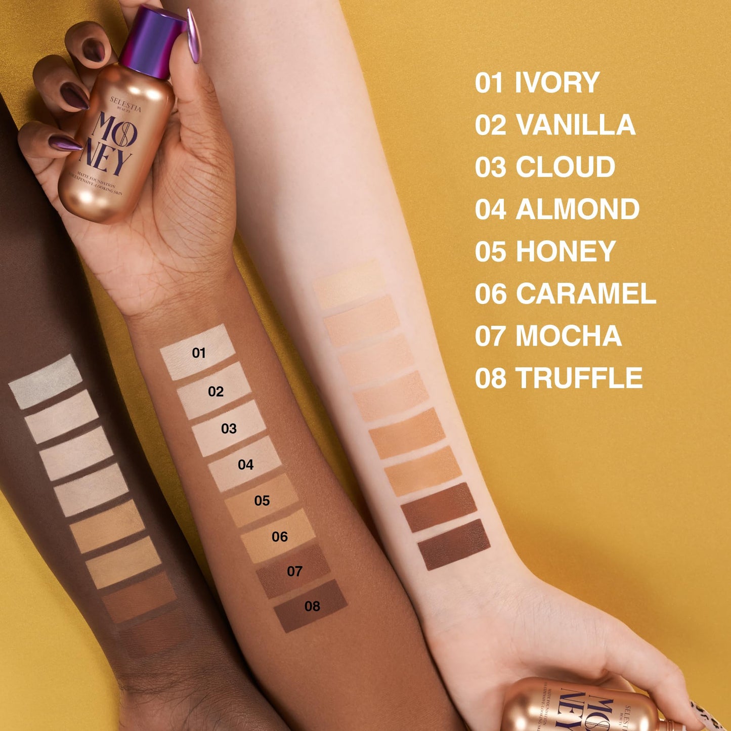 SELESTIA BEAUTY Money Liquid Matte Foundation – Long-Lasting, Natural Looking & Buildable Coverage – For Combination, Dry, Oily Skin – Lightweight & Moisturizing (Caramel)