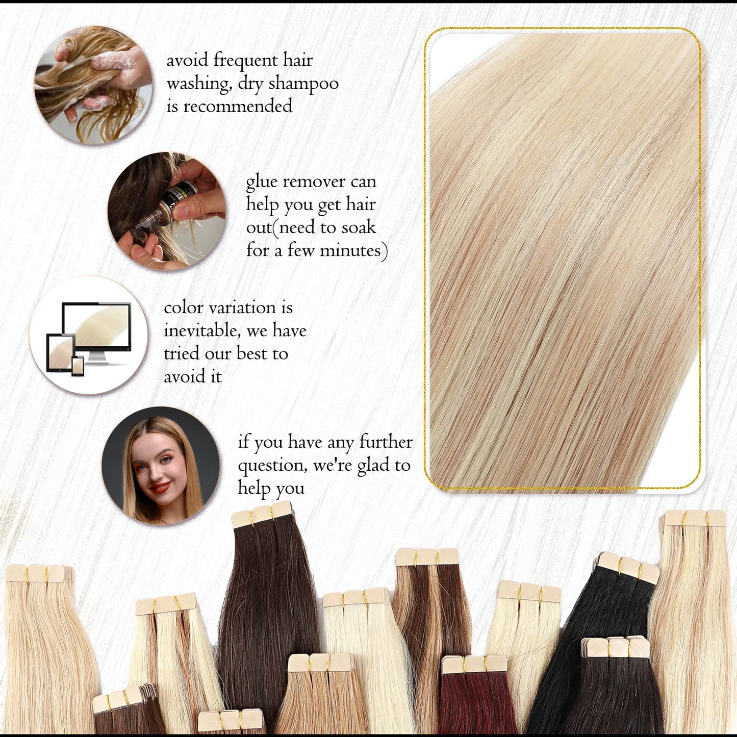Benehair Tape in Hair Extensions Human Hair Balayage Ash Blonde Highlighted Bleach Blonde 20pcs 40g/pack Straight Hair Extensions Seamless Skin Weft Tape in Natural Hair (14", 18P613)
