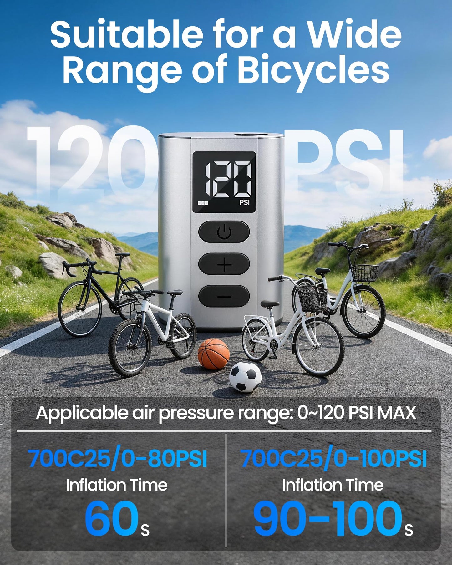Vorproform Electric Bike Pump, 120 PSI Fast Inflate Bicycle Tire Pump with Guage, Auto Stop Mini Bike Pump with Presta and Schrader Valve, Suitable for MTB, Road Bike, E-Bike, Balls