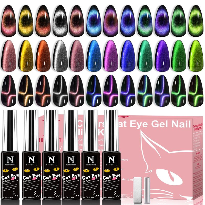 noirwhite Cat Eye Gel Nail Polish, 12 Colors Sparkly Glitter 9D Chameleon Magnetic Nail Polish Set with Magnet Base Top Coat Soak Off LED UV Nail Art DIY Manicure Home Salon Gift for Women