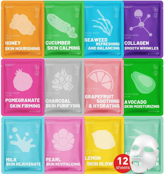 KONEUK 12 Pack Collagen Hydrating Face Masks Skincare, Sheet Face Mask for All Skin Types, Facial Masks Set for Women Skin Care, Face Mask Bulk Spa Gifts for Women