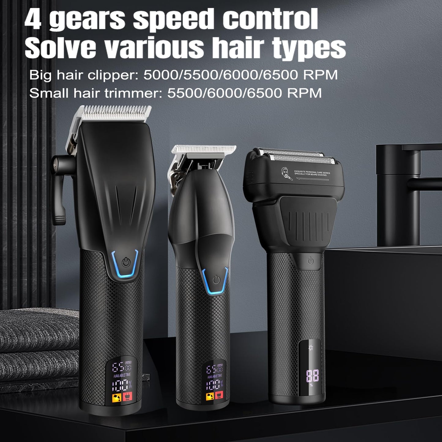 Professional Hair Clippers for Men - Cordless Beard Trimmer Electric Razor Foil Shavers, Barber Clippers Hair Trimmer Rechargeable Hair Grooming Kit, LCD Display, Gifts for Men (Black)