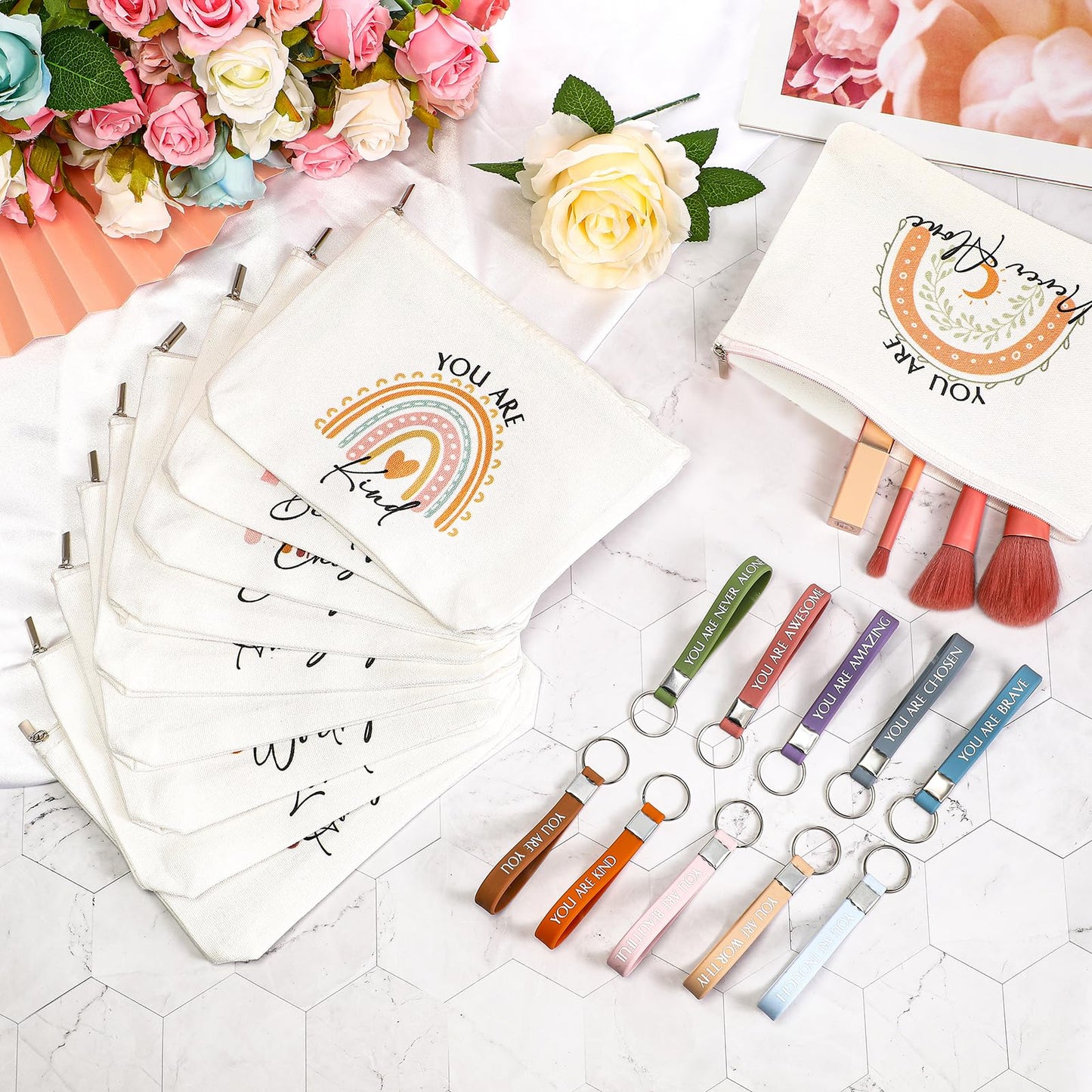 Fumete 60 Pcs Back to School Gift Bulk 30 Inspirational Rainbow Canvas Makeup Bag 30 Motivational Keychain Thank You Gift for Women Men Volunteer Nurse Teacher Appreciation Gifts