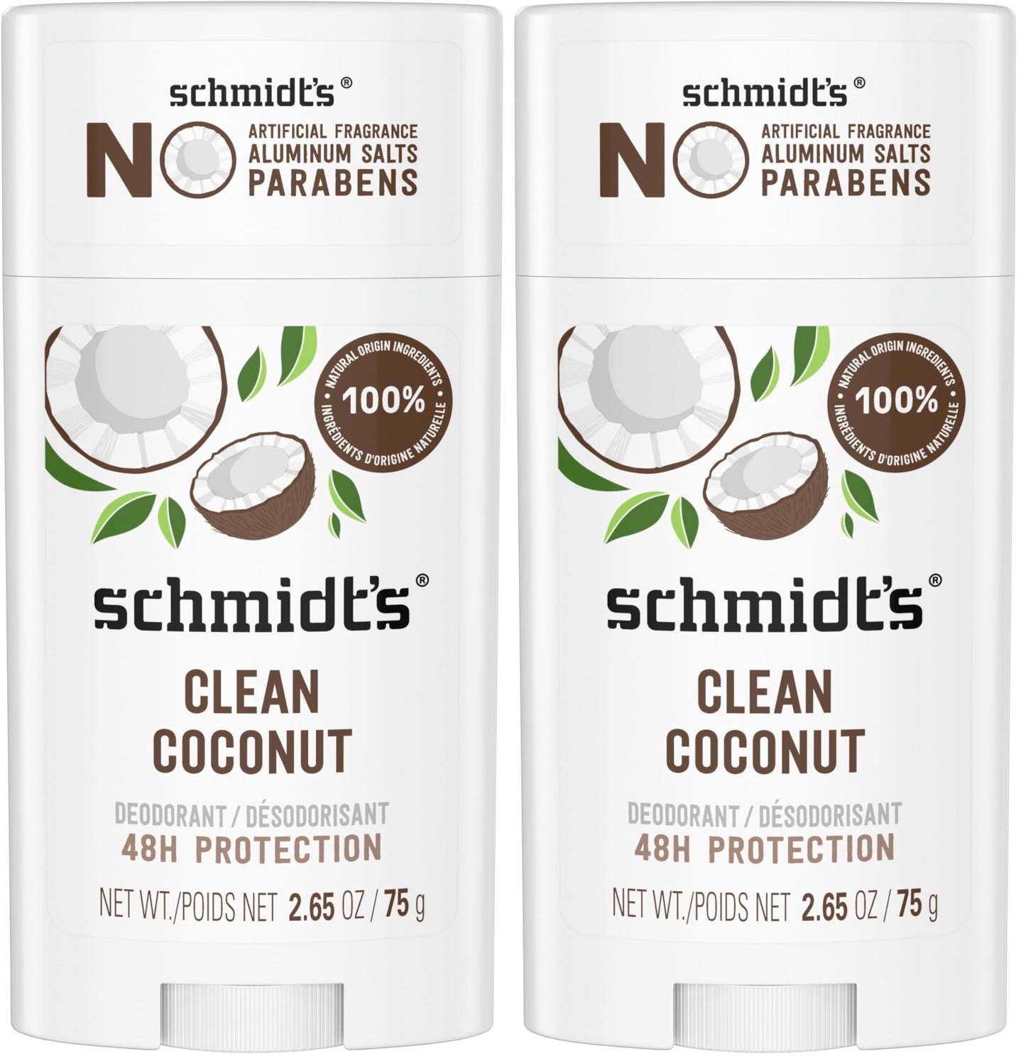 Schmidt's Aluminum-Free Vegan Deodorant Clean Coconut for Women and Men, with 24 Hour Odor Protection, Natural Ingredients, Cruelty-Free, 2.65 oz (Pack of 2)