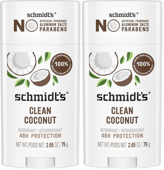 Schmidt's Aluminum-Free Vegan Deodorant Clean Coconut for Women and Men, with 24 Hour Odor Protection, Natural Ingredients, Cruelty-Free, 2.65 oz (Pack of 2)